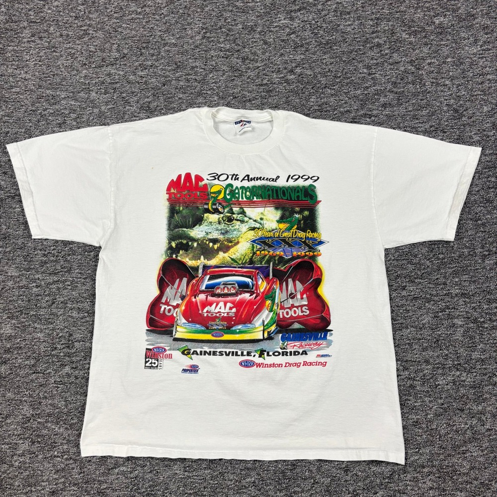 Vintage 90s Jerzees NHRA Mac Tools Florida Racing White Graphic T-Shirt Men's XL